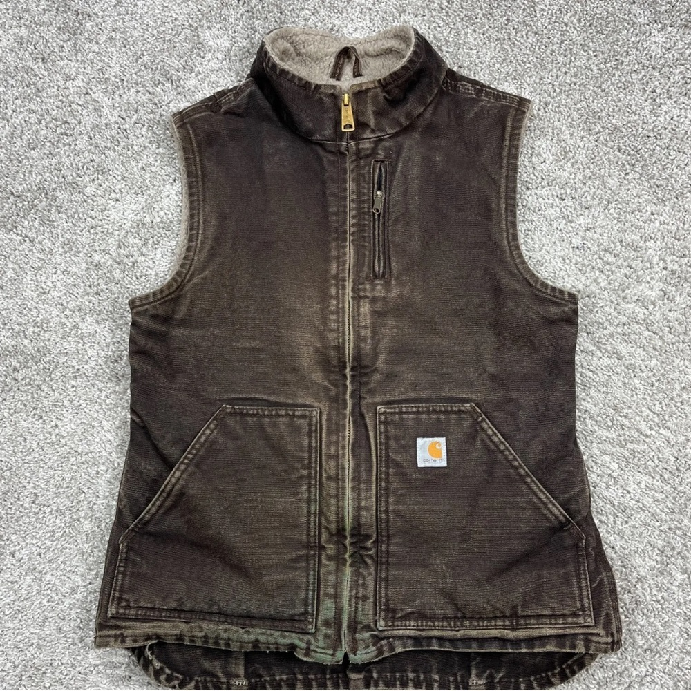 Carhartt Sherpa Lined Canvas Vest Brown Full Zip Distressed Women's XS